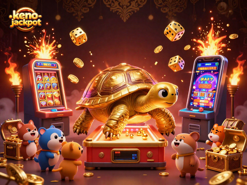 Engage with keno-jackpot excitement through a vibrant 3D illustration showcasing a golden tortoise pinball machine surrounded by winning elements.
