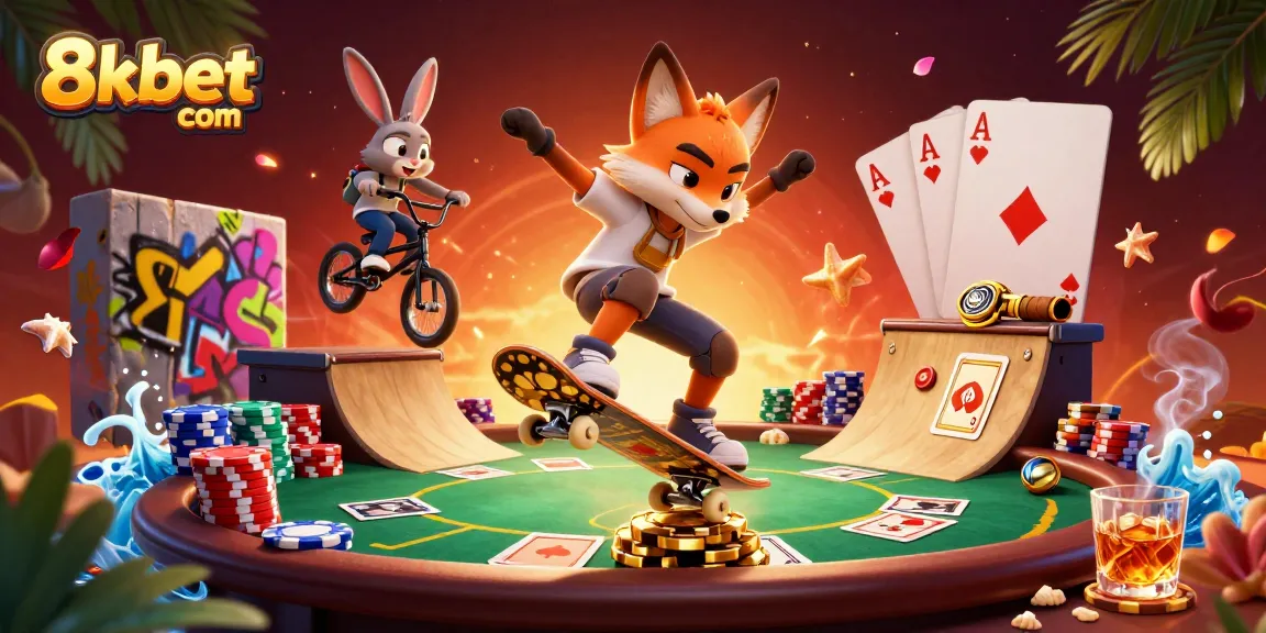 Experience thrilling gaming with 8xbet com as a fox skateboards over poker chips in a vibrant casino scene.