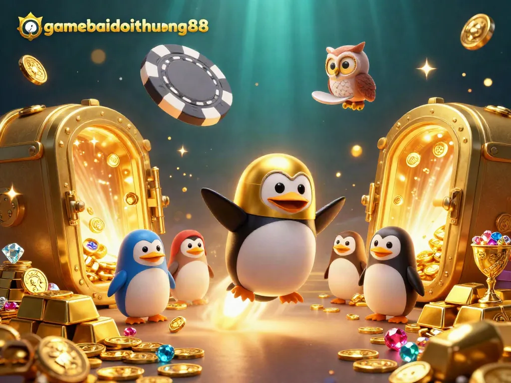 Experience gamebaidoithuong88 action in a vibrant casino-themed space, featuring a golden penguin and treasures.