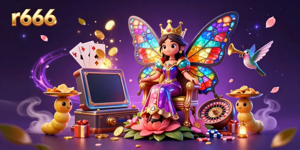 Experience the vibrant world of r666 with a dazzling butterfly queen amidst casino games and golden treasures.