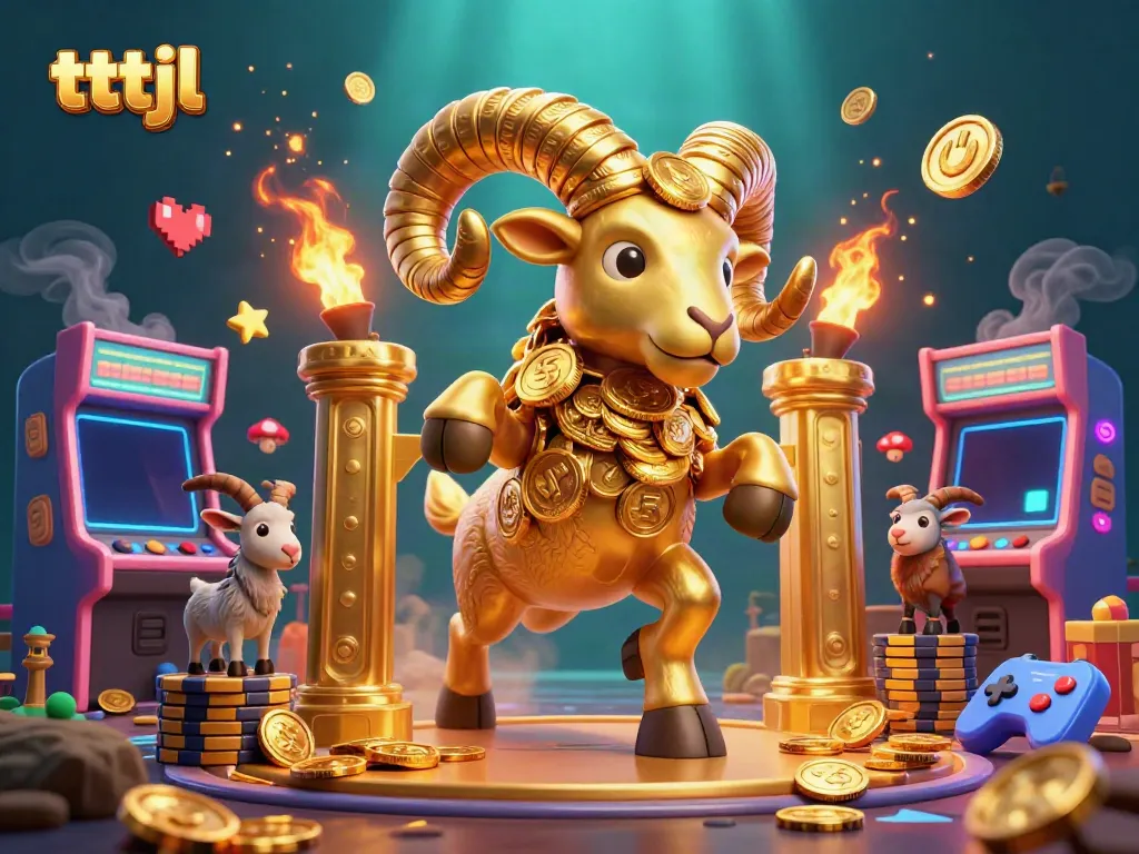 Engage with tttjl’s vibrant casino experience through a dynamic illustration of a golden ram charging at a magical gate.
