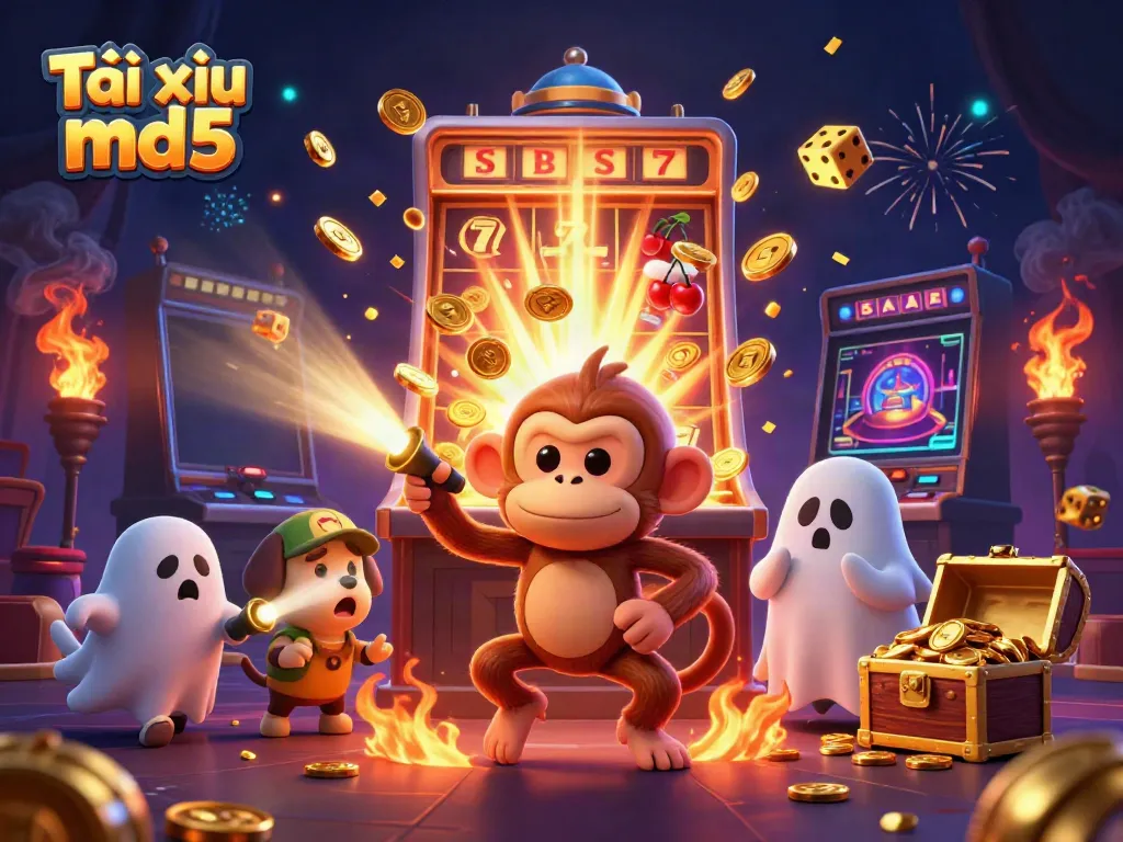 Tài xỉu md5 features a playful poltergeist monkey juggling coins and dice in a haunted casino.