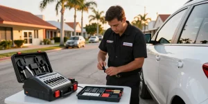 Mobile locksmith Fort Lauderdale assisting with a car lock issue in a vibrant urban setting.
