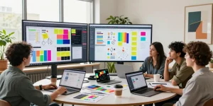 Team collaborating on a mix board showcasing vibrant moodboards and brainstorming ideas in a creative workspace.