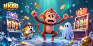 HK88 interactive casino scene with a mischievous monkey and a ghost hunter puppy amidst floating jackpot symbols.