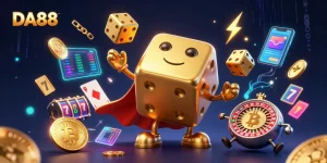 Engage with DA88 in an immersive 3D casino scene featuring vibrant gaming elements.
