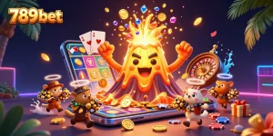 Join the excitement at 789 bet with golden treasures spilling from a volcano among vibrant casino game elements.