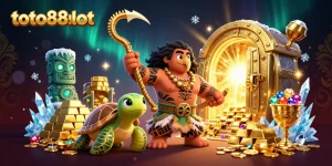 Toto88slot showcases a vibrant 3D scene with a demigod hawk and turtle, enriching players' gaming experience.