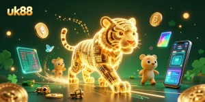 Engage in action with uk88, featuring a vibrant 3D casino scene with a golden tiger and crypto elements.