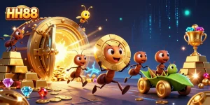 Engage with the thrilling adventure of HH88 as ants steal a massive poker chip in a magical casino world.
