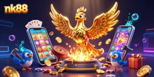 Engage with the exciting world of nk88, featuring a dynamic scene of a molten gold phoenix amidst casino games and lavish rewards.