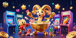 Engage with 11M's casino world: A golden ramen bowl character stacks chips while cheering characters elevate the excitement.