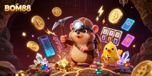 BOM88 treasure hunter mole playing online slots surrounded by crypto coins and digital elements.