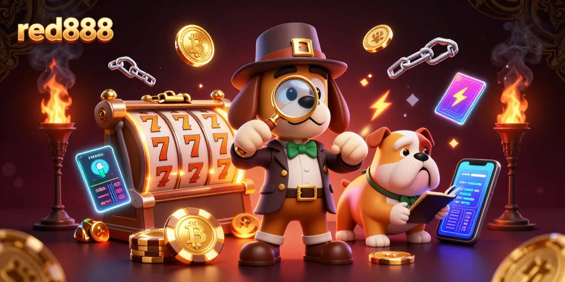 Engage in thrilling casino action with red888, showcasing a detective bloodhound amidst poker chips and slot reels.