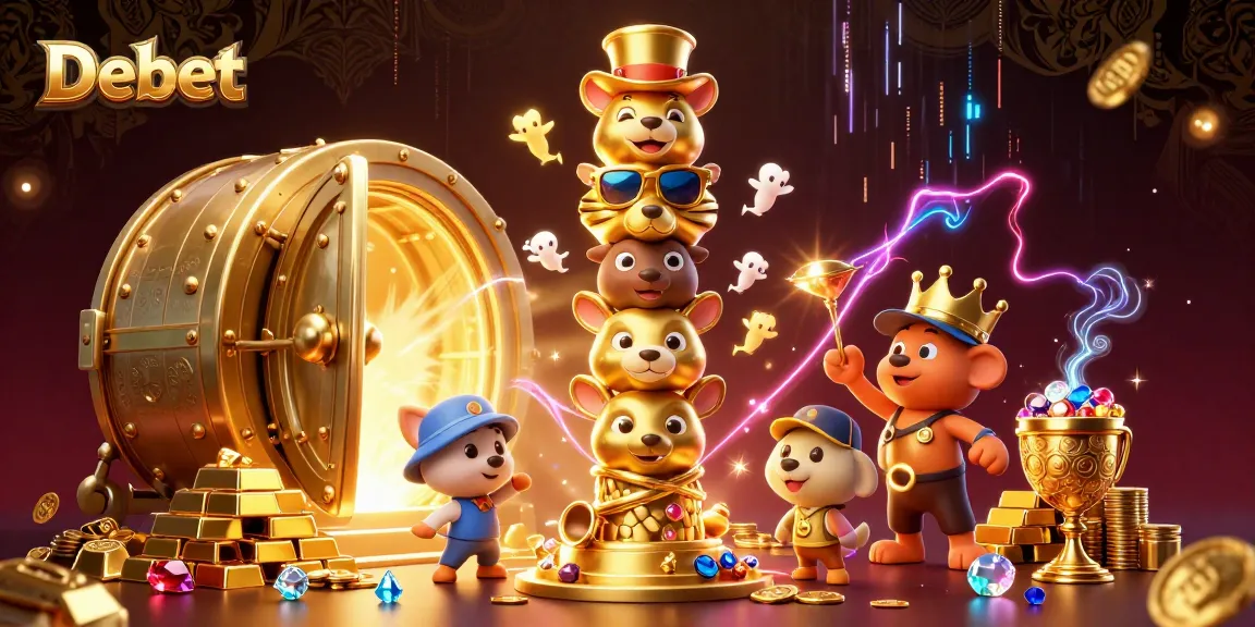 Engage with Debet's dynamic golden totem pole in a vibrant casino-themed illustration.