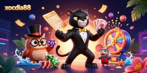 Experience thrilling gaming at xocdia88 with festive characters celebrating big wins amid colorful casino elements.