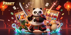 Winning with F8BET in a vibrant casino scene featuring dynamic characters and rich slot elements.