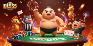 Experience thrilling gameplay strategies at BL555 with cartoon characters in a dynamic poker scene.