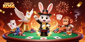 Experience the excitement at trang chủ KO66 with a 3D scene featuring a magician rabbit and fantastic casino elements.
