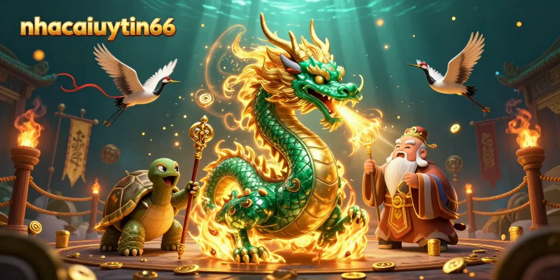 Play at nhacaiuytin66 with a vibrant scene featuring a jade dragon and lucky cranes in a casino setting.