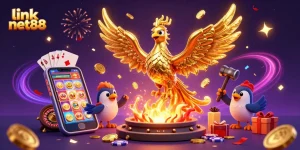 Engage in thrilling gameplay and excitement with link net88, featuring a molten gold phoenix and casino elements.
