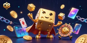 Experience exciting gaming with O8's vibrant, animated casino-themed 3D illustration.
