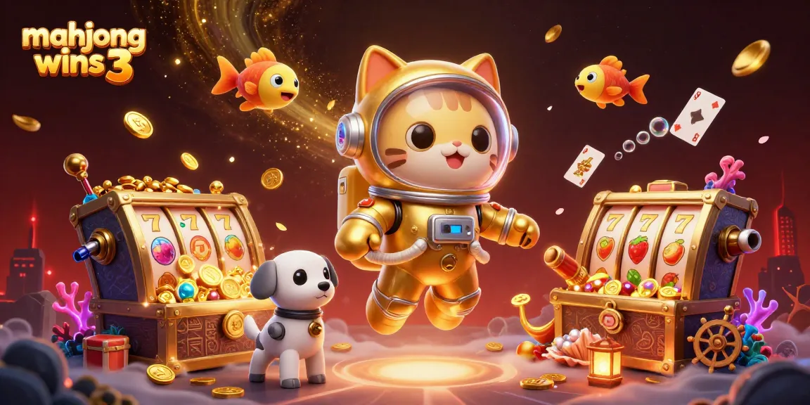 Experience mahjong wins 3 with an explosion of slot reels, treasures, and cosmic characters in a vibrant casino scene.