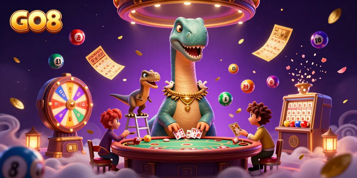 Experience the excitement of GO8 with a unique dinosaur-themed casino card game illustration.