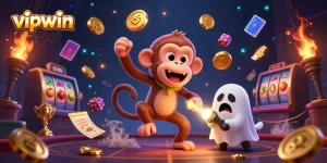 Engage with vipwin as the mischievous monkey juggles golden items in an exciting haunted casino scene.