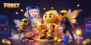 F8BET's cartoon boss oversees a vibrant casino scene filled with games and excitement.