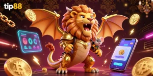 Engage in winning opportunities with tip88 as a chimera in golden armor roars triumphantly amidst crypto coins.