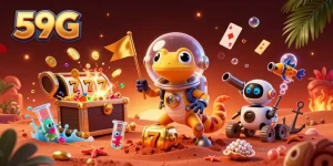 Engage with 59G, the exciting online casino, featuring a Martian gecko in a golden treasure scene.