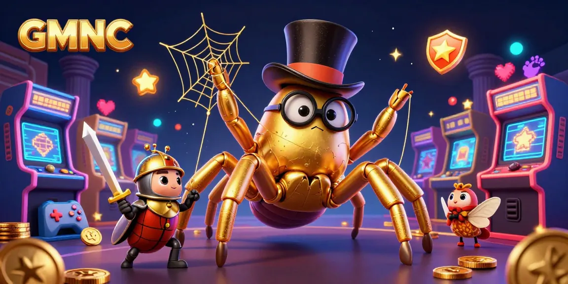 Engage with GMNC's vibrant casino world showcasing a golden tarantula and beetle knight amidst thrilling game elements.