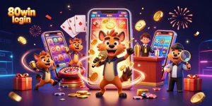 Experience the excitement of 80win login with animated hyenas celebrating casino action and games.
