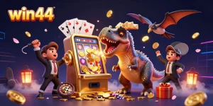 win44 players winning big with a cartoon dinosaur and a golden slot machine in an exciting casino scene
