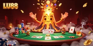 Engage in the thrill of LU88 as a golden volcano erupts treasures amidst dynamic poker action.