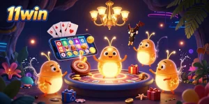 Experience excitement at 11win with glowing glowworms lighting a vibrant casino scene.