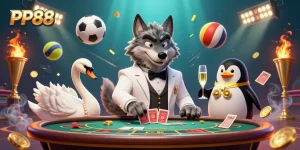 Engage in thrilling betting with PP88 while surrounded by dynamic casino elements.