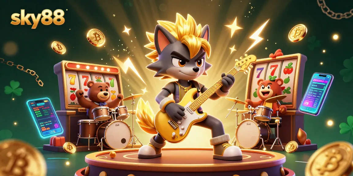 Experience sky88's thrilling slot game action with cartoon wolf rock star and bear drummer.