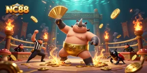 Experience thrilling gameplay at NC88 with a vibrant sumo showdown amid flying coins and cheering beetle spectators.