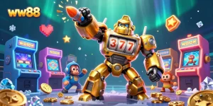 Win big at ww88 with a vibrant 3D casino illustration showcasing golden gorilla mech and arcade games.