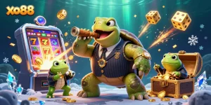 Engage in thrilling gameplay at xo88 with a high-energy casino scene featuring a whimsical turtle and enforcers.