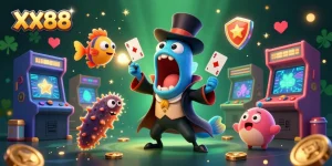 Experience the magic of gaming with XX88 as a bioluminescent eel performs card tricks in a vibrant 3D casino scene.