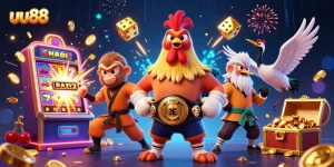 Win jackpots today at uu88 with a dynamic scene of casino characters and gaming elements.