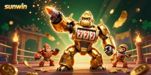 Experience thrilling gameplay at Sunwin with a dynamic 3D casino scene featuring vibrant elements and a winning golden mech.