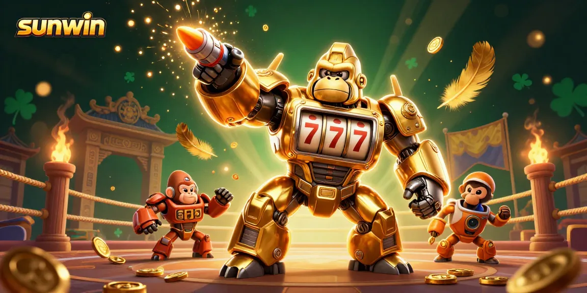 Experience thrilling gameplay at Sunwin with a dynamic 3D casino scene featuring vibrant elements and a winning golden mech.