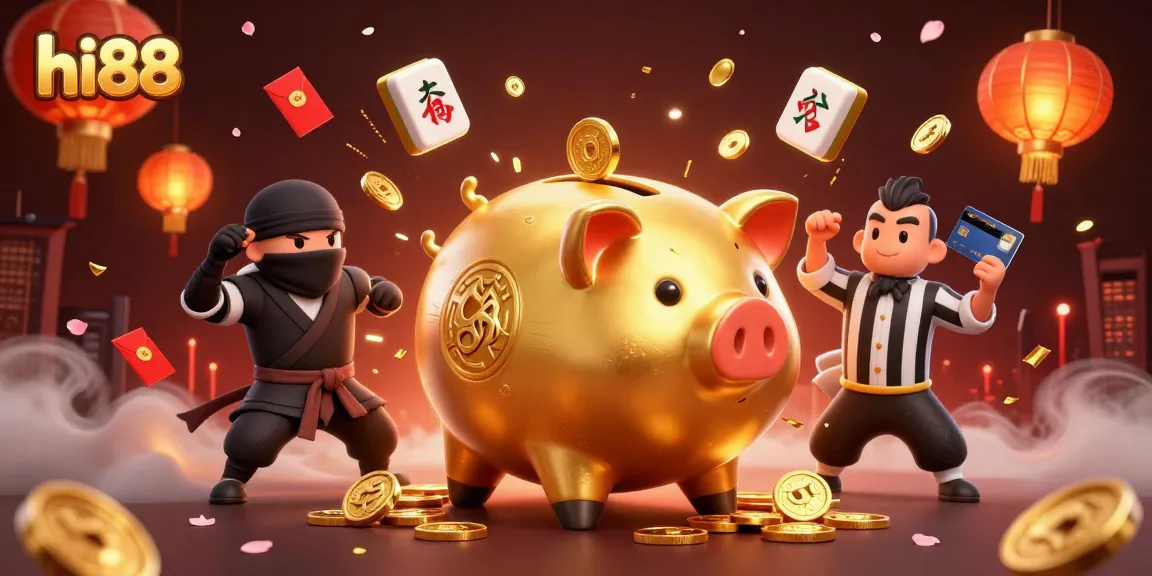 Experience the fun of hi88 with a golden piggy bank sumo wrestler and rich casino elements.