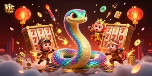 Engage with immersive gaming at kjc com, featuring a vibrant snake and monkey in a lush casino scene.