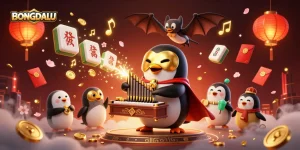 BONGDALU engages players with a 3D cartoon penguin in a casino-themed scene, showcasing dynamic winning elements.