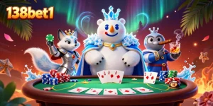 Engage with an immersive scene of 138bet1 casino action featuring a majestic polar bear and fox at a vibrant poker table.